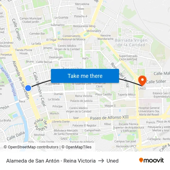 Alameda de San Antón - Reina Victoria to Uned map