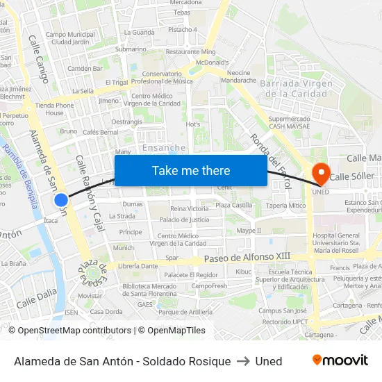 Alameda de San Antón - Soldado Rosique to Uned map