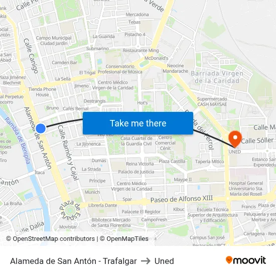Alameda de San Antón - Trafalgar to Uned map