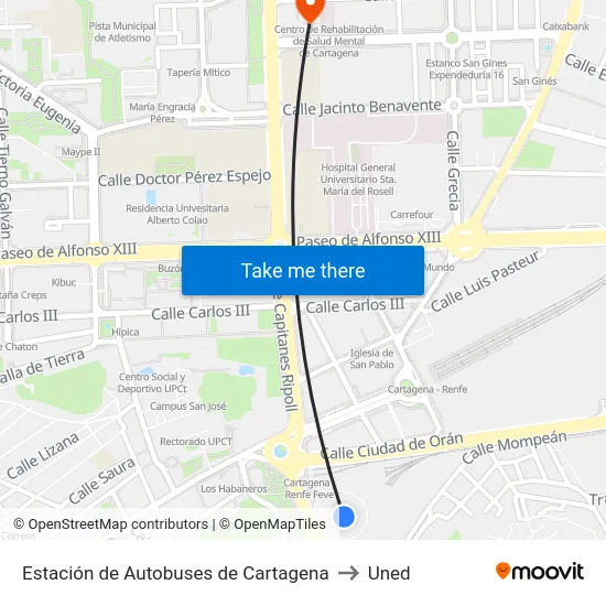 Estación de Autobuses de Cartagena to Uned map