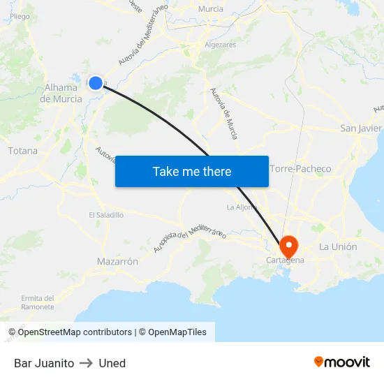 Bar Juanito to Uned map