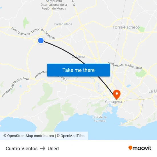 Cuatro Vientos to Uned map