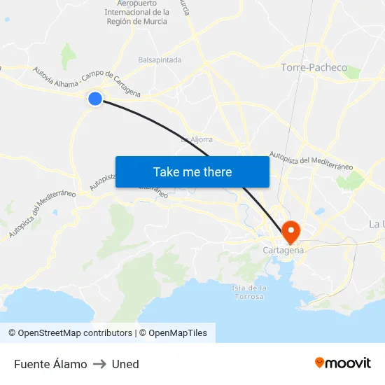 Fuente Álamo to Uned map