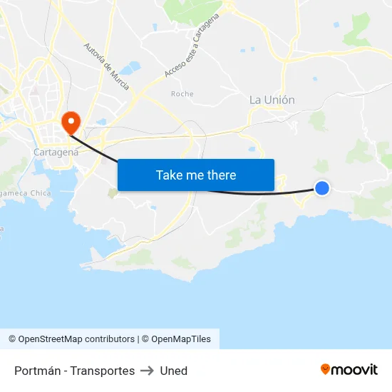Portmán - Transportes to Uned map