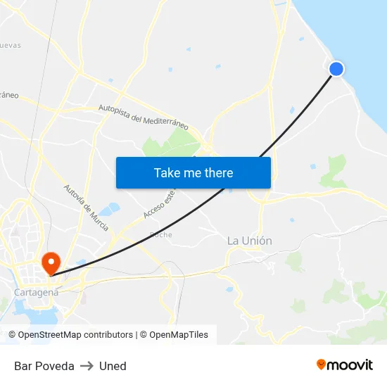 Bar Poveda to Uned map