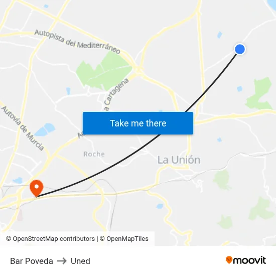 Bar Poveda to Uned map
