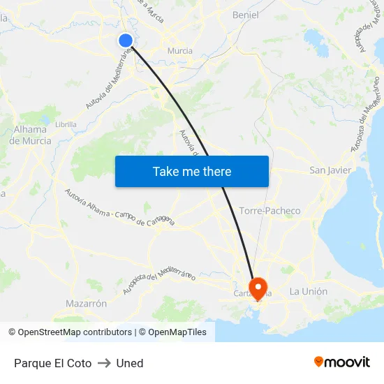 Parque El Coto to Uned map