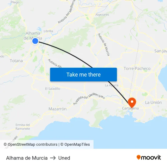 Alhama de Murcia to Uned map
