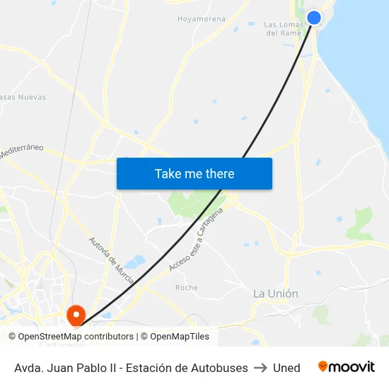 Avda. Juan Pablo II - Estación de Autobuses to Uned map