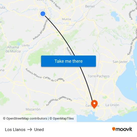 Los Llanos to Uned map
