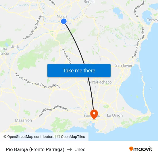 Pío Baroja (Frente Párraga) to Uned map