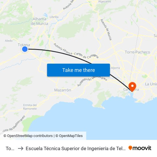 Totana to Escuela Técnica Superior de Ingeniería de Telecomunicaciones - Upct map