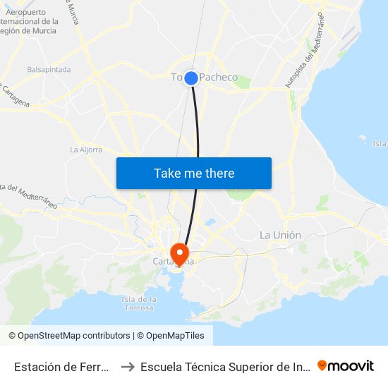 Estación de Ferrocarril de Torre Pacheco to Escuela Técnica Superior de Ingeniería de Telecomunicaciones - Upct map