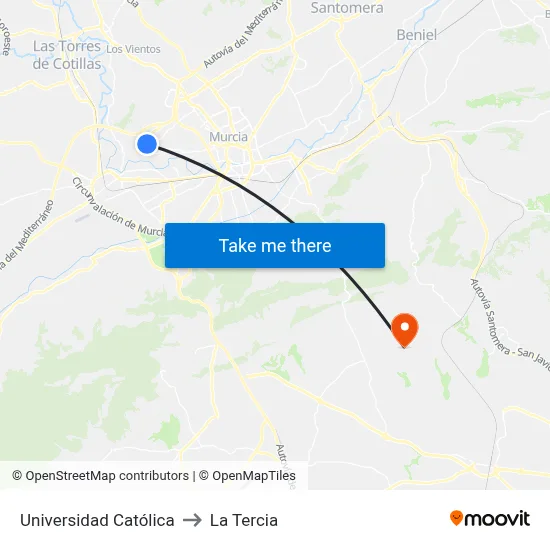 Universidad Católica to La Tercia map