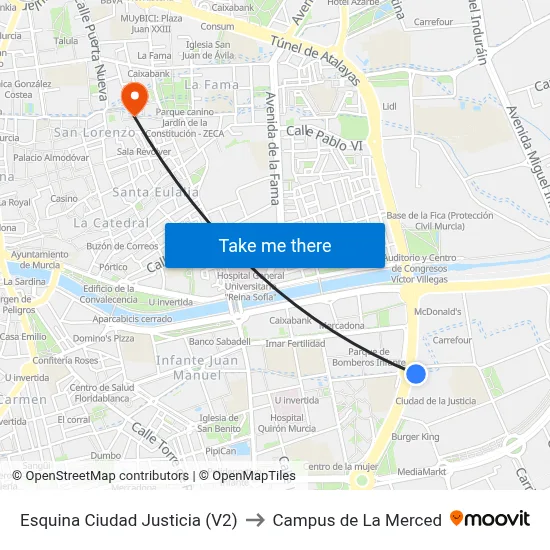 Esquina Ciudad Justicia (V2) to Campus de La Merced map