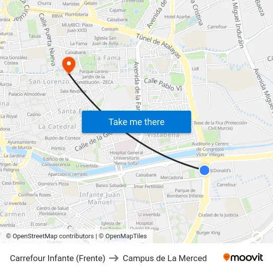 Carrefour Infante (Frente) to Campus de La Merced map