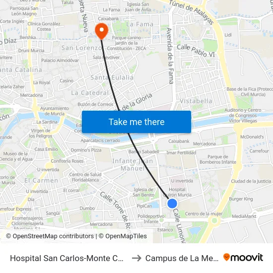 Hospital San Carlos-Monte Carmelo to Campus de La Merced map