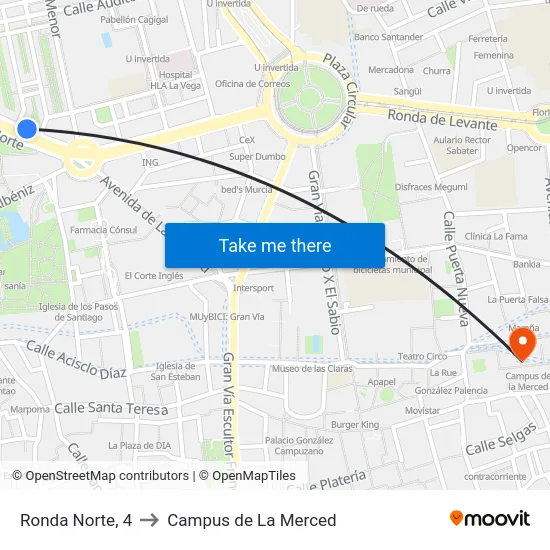 Ronda Norte, 4 to Campus de La Merced map