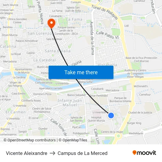 Vicente Aleixandre to Campus de La Merced map