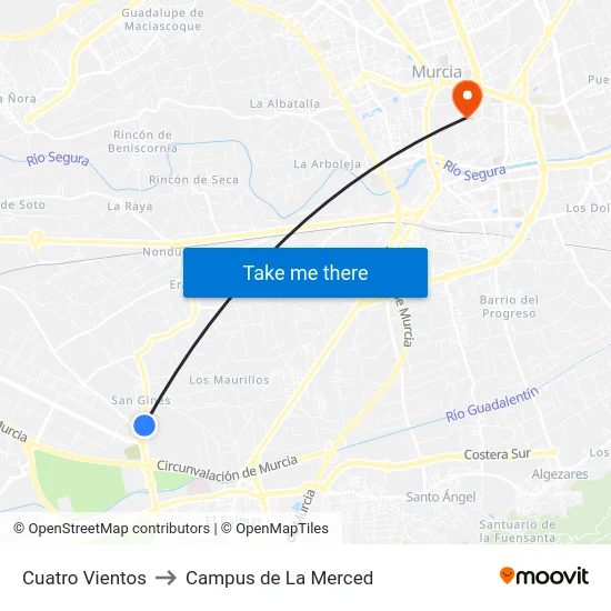 Cuatro Vientos to Campus de La Merced map