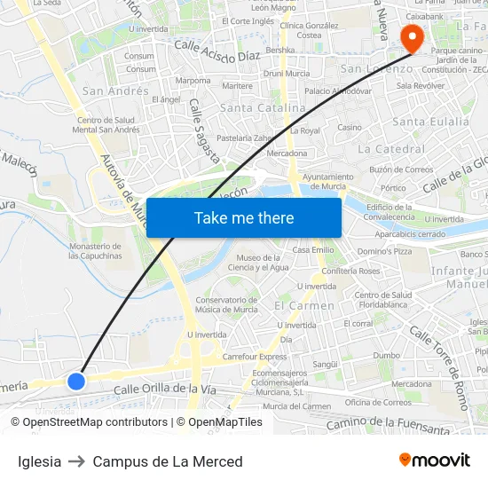 Iglesia to Campus de La Merced map
