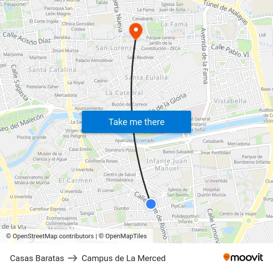 Casas Baratas to Campus de La Merced map