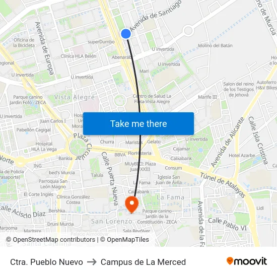 Ctra. Pueblo Nuevo to Campus de La Merced map