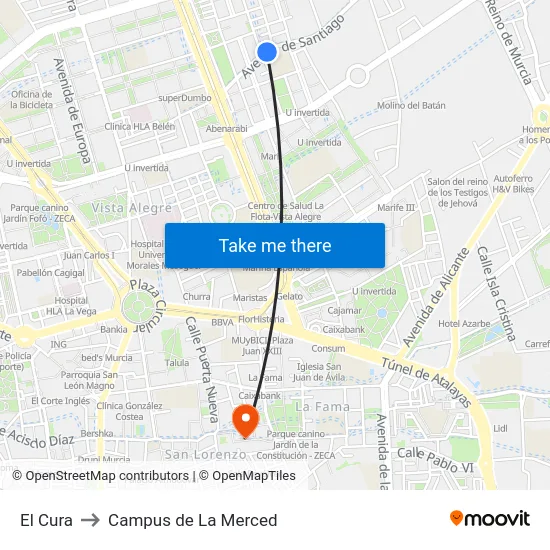 El Cura to Campus de La Merced map