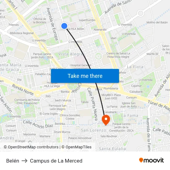 Belén to Campus de La Merced map