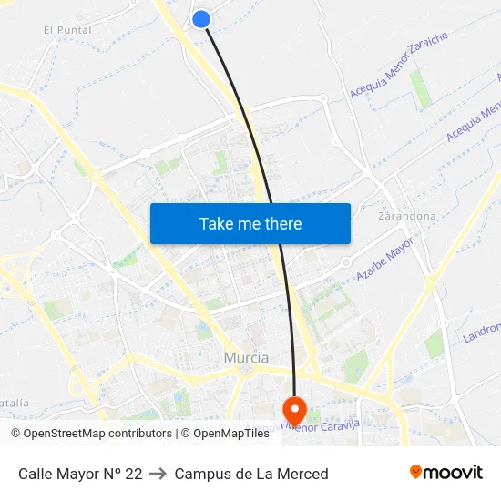 Calle Mayor Nº 22 to Campus de La Merced map