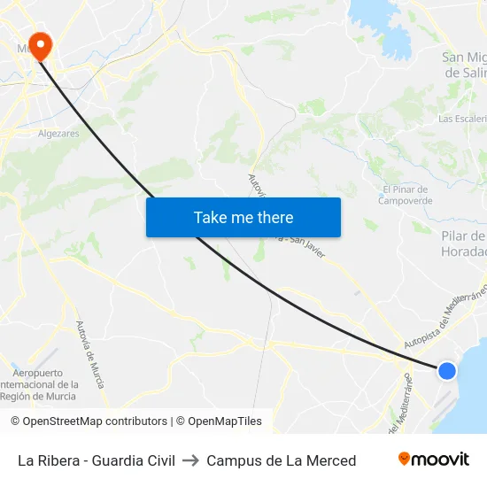 La Ribera - Guardia Civil to Campus de La Merced map