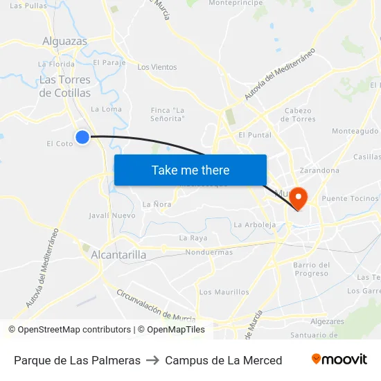 Parque de Las Palmeras to Campus de La Merced map