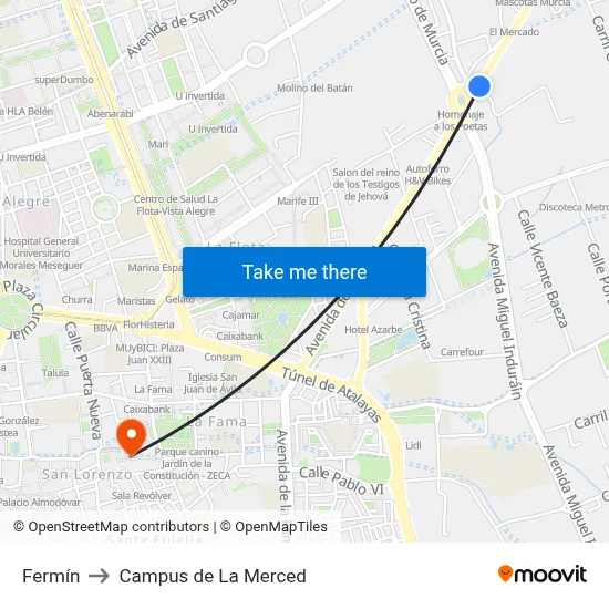 Fermín to Campus de La Merced map