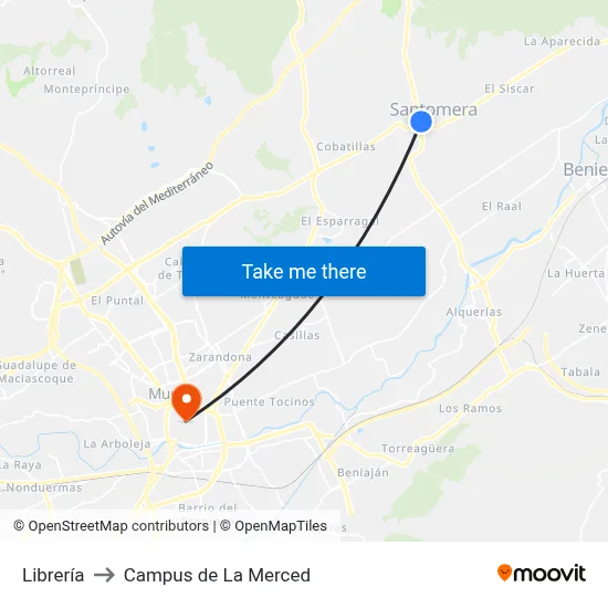 Librería to Campus de La Merced map
