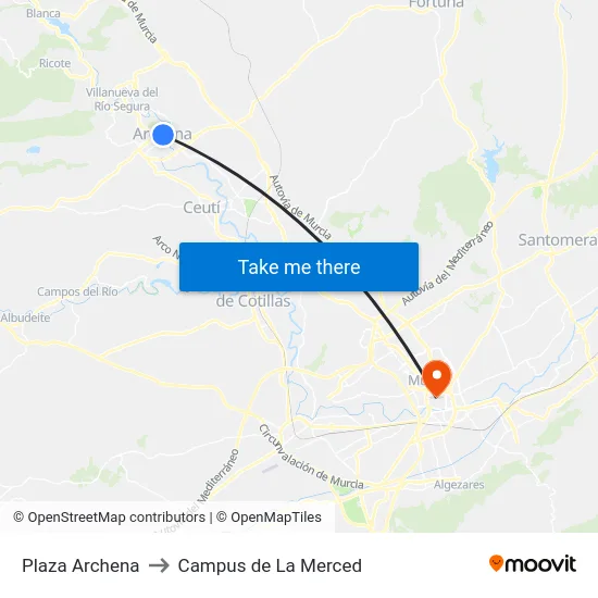 Plaza Archena to Campus de La Merced map