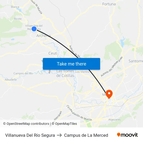 Villanueva Del Río Segura to Campus de La Merced map