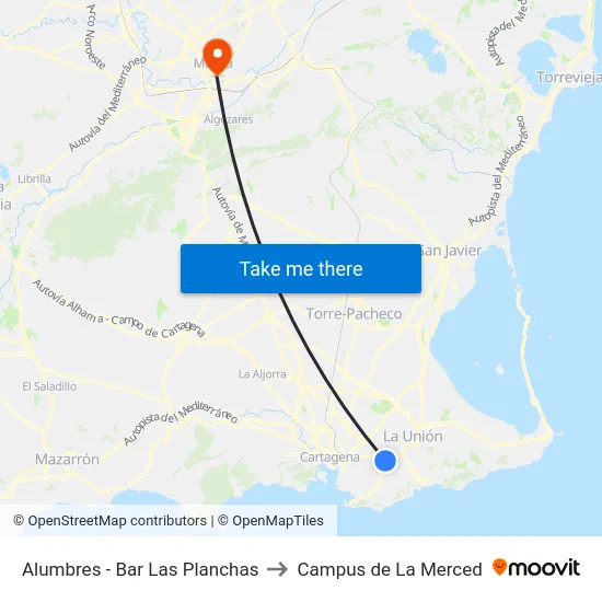 Alumbres - Bar Las Planchas to Campus de La Merced map