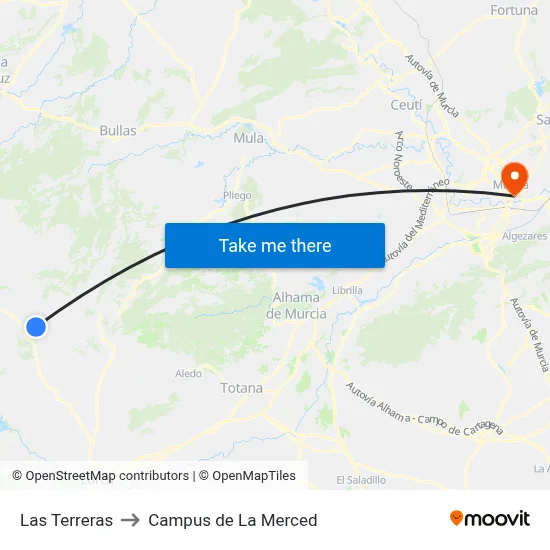 Las Terreras to Campus de La Merced map