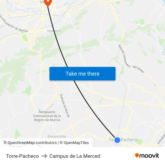 Torre-Pacheco to Campus de La Merced map