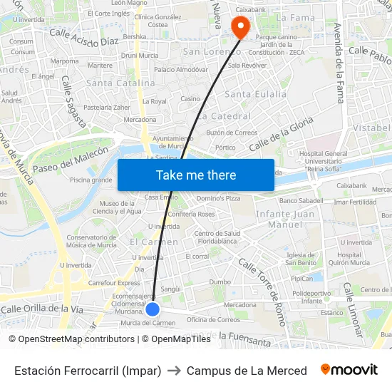 Estación Ferrocarril (Impar) to Campus de La Merced map