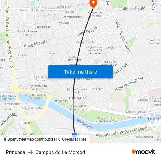 Princesa to Campus de La Merced map