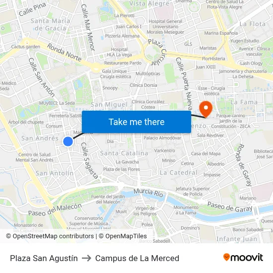 Plaza San Agustín to Campus de La Merced map