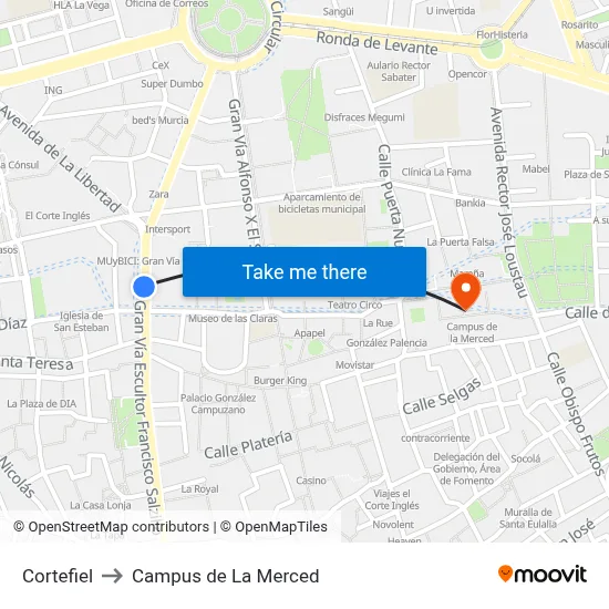 Cortefiel to Campus de La Merced map