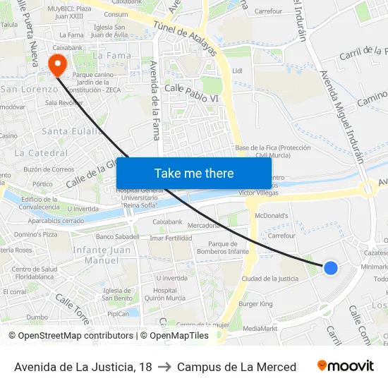 Avenida de La Justicia, 18 to Campus de La Merced map