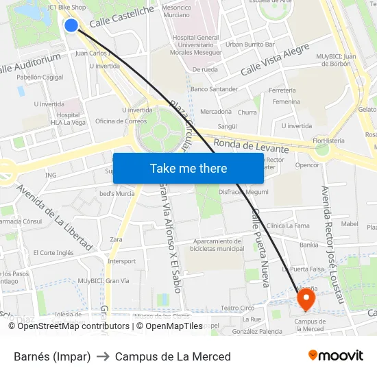 Barnés (Impar) to Campus de La Merced map
