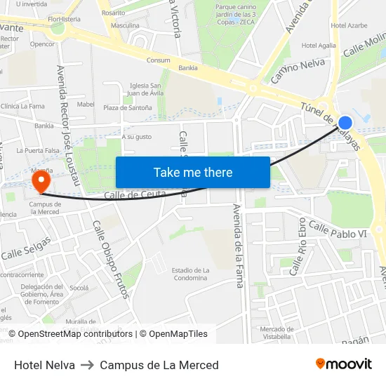 Hotel Nelva to Campus de La Merced map