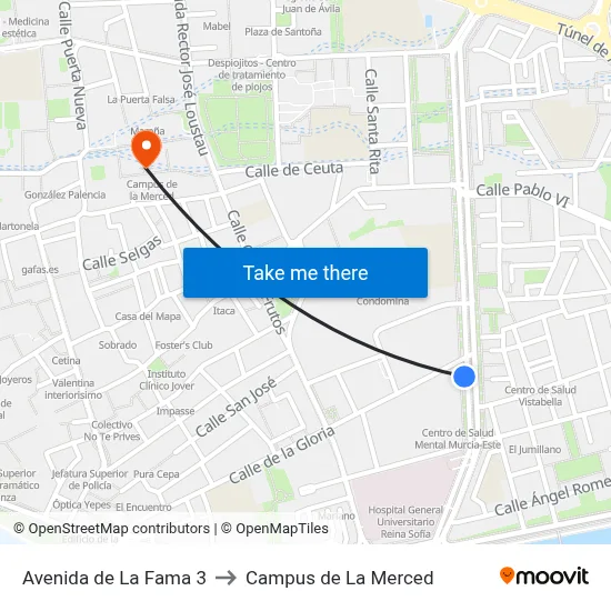 Avenida de La Fama 3 to Campus de La Merced map