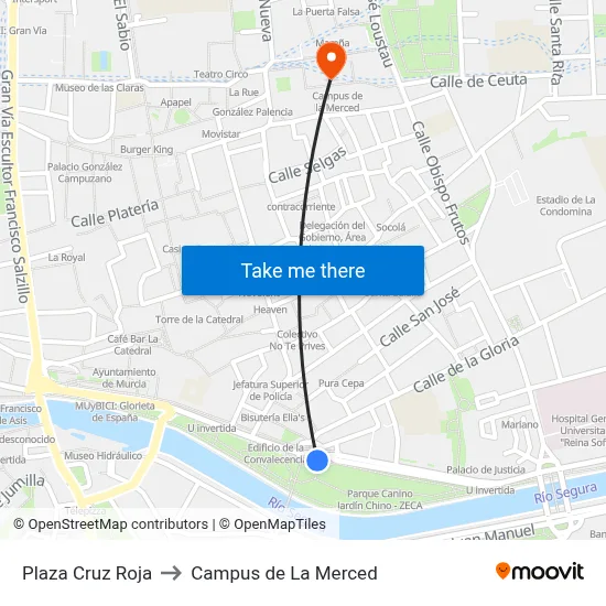 Plaza Cruz Roja to Campus de La Merced map