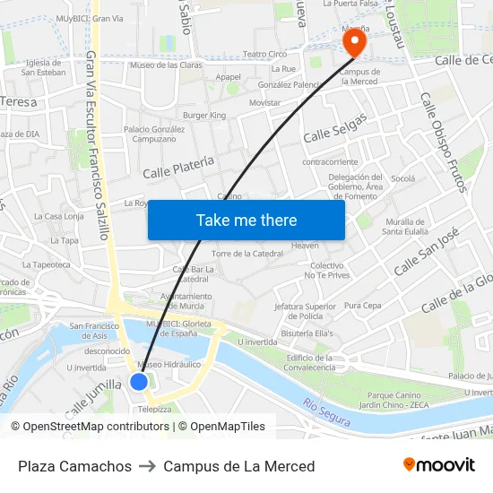Plaza Camachos to Campus de La Merced map