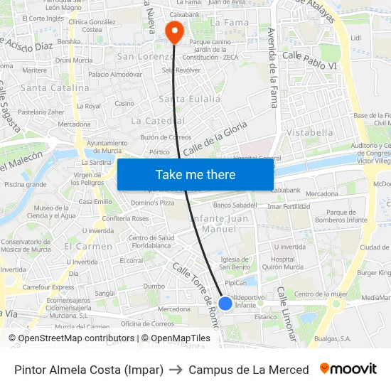 Pintor Almela Costa (Impar) to Campus de La Merced map